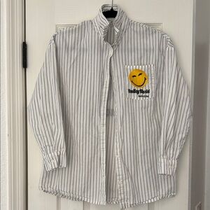 H&M White and Black Striped Shirt with Yellow Smiley Patch